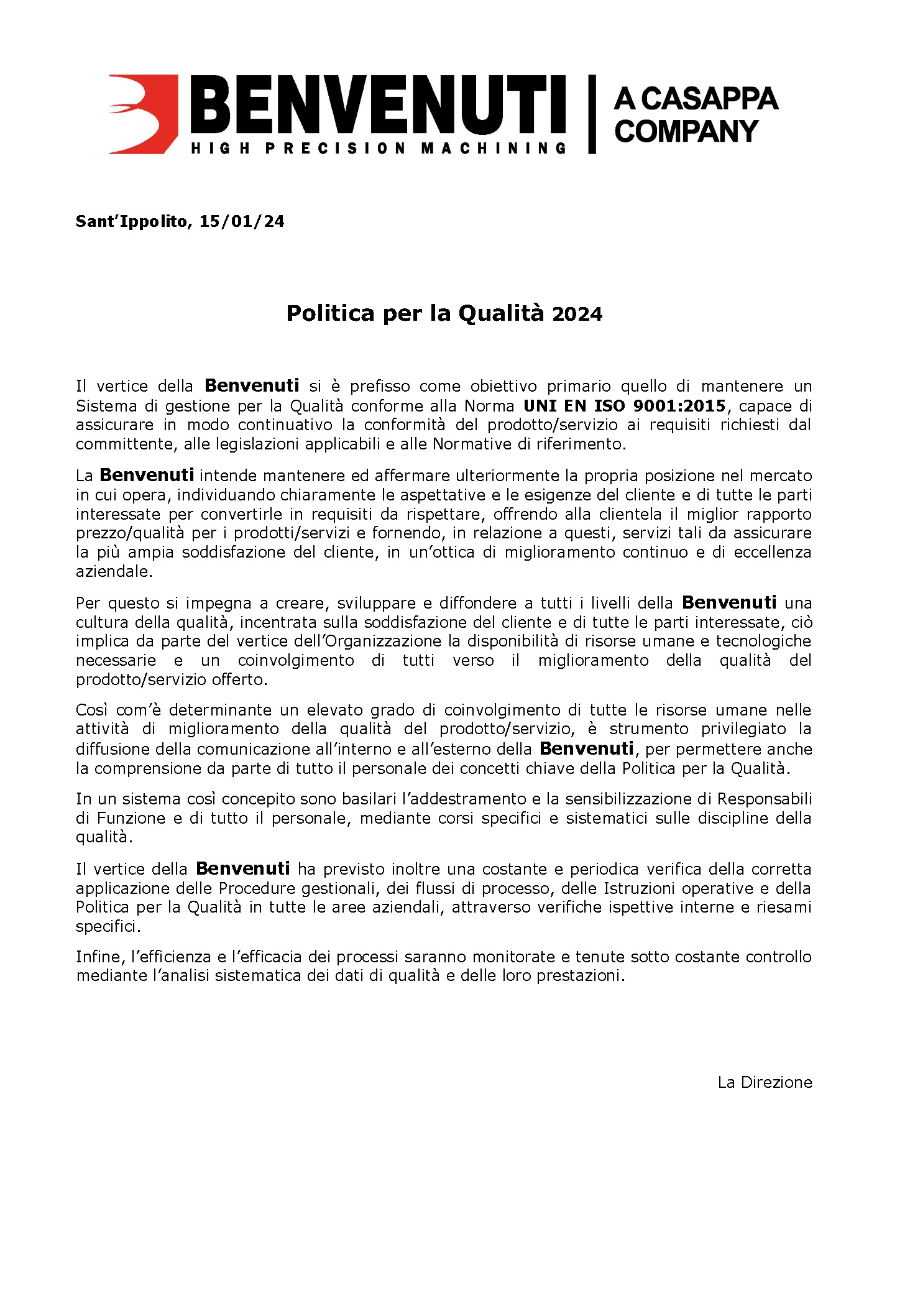 Nuova politica della Qualit 2024